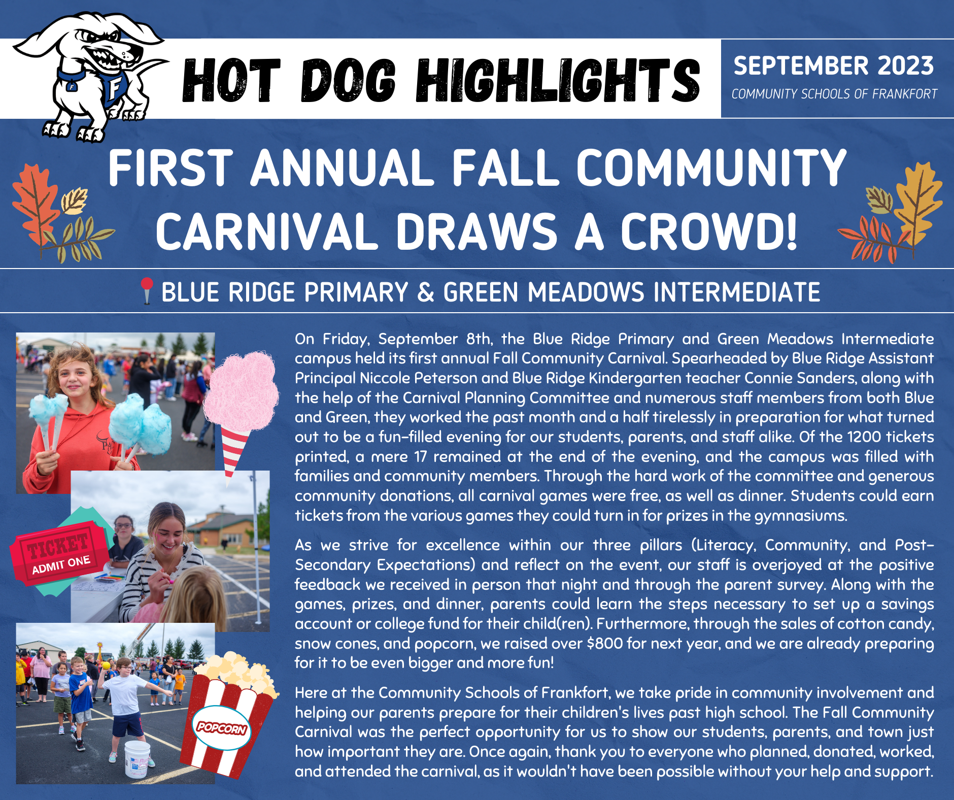 September Hot Dog Highlights article about the Fall Community Carnival at Blue Ridge & Green Meadows.